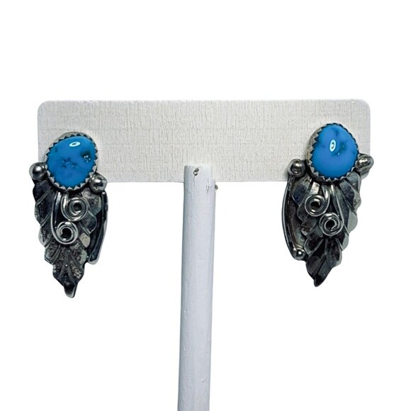 David And Alice Lister Sterling Silver Turquoise Leaf Scrollwork Earrings (5861) - Picture 1 of 9